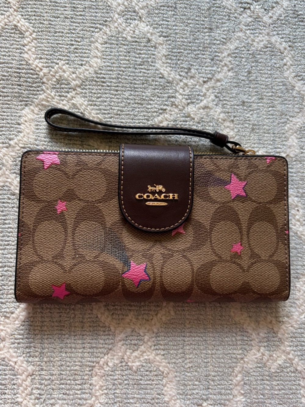 Coach Brown Signature Canvas Clutch with Pink Star Accents